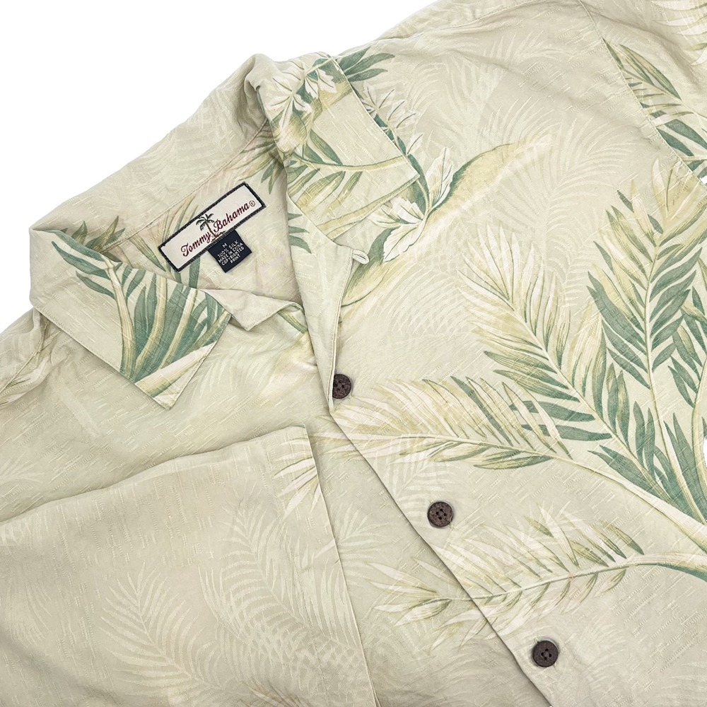 TOMMY BAHAMA Men's Sz M 100% Silk Yellow Bamboo Hawaiian Short-Sleeve Camp Shirt